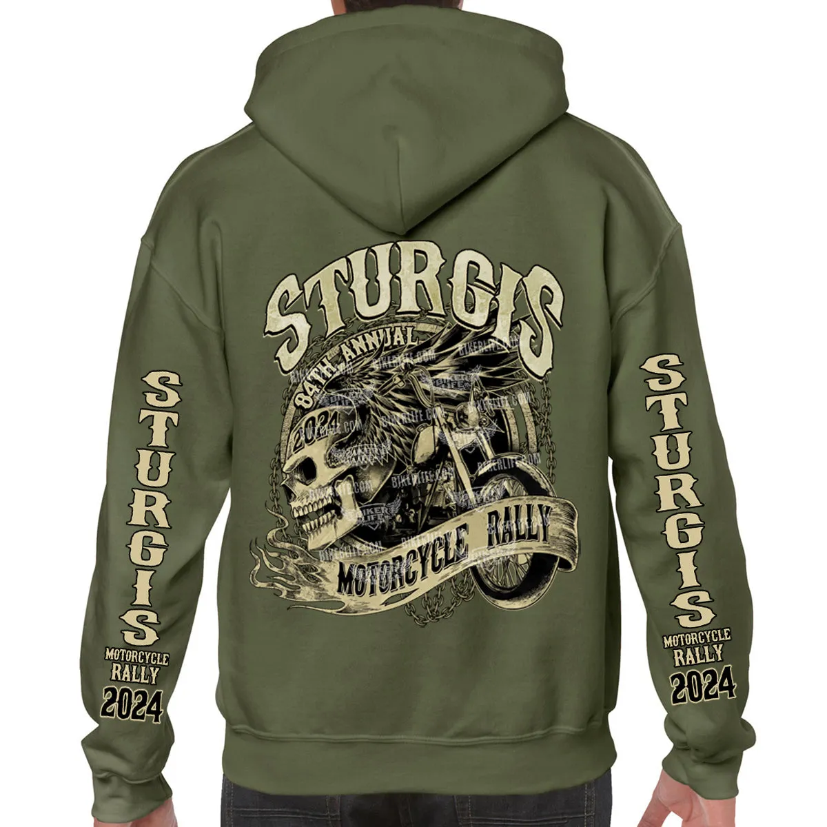 2024 Sturgis Motorcycle Rally Grunge & Chains Skull Wing Pullover Hoodie