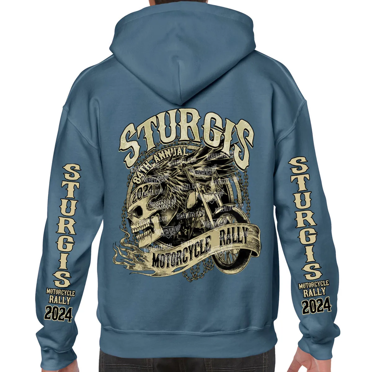 2024 Sturgis Motorcycle Rally Grunge & Chains Skull Wing Pullover Hoodie