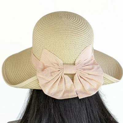 210-a Straw hat with bow back in sand or black with adjustable fit