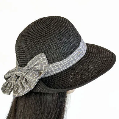 210-a Straw hat with bow back in sand or black with adjustable fit