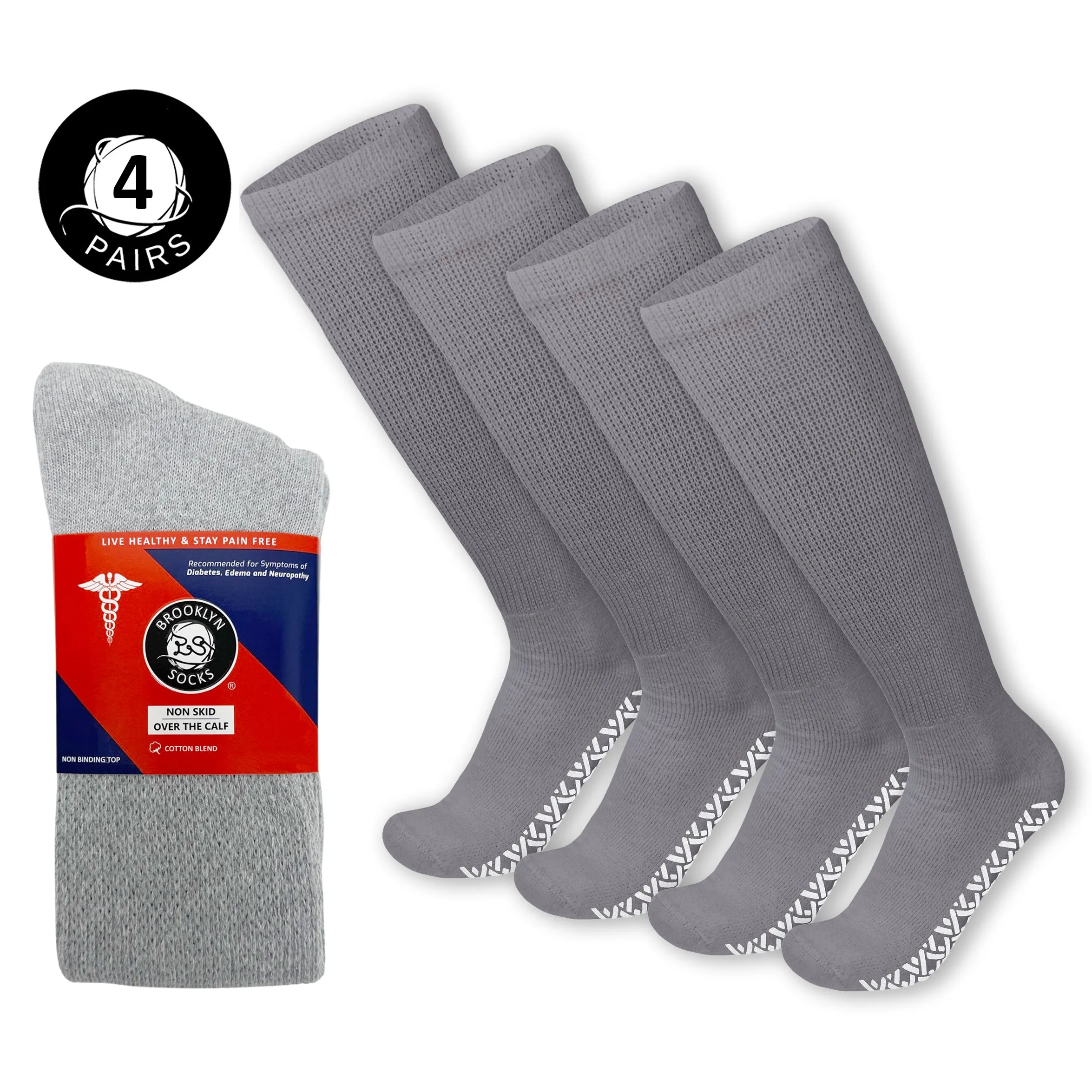 4 Pairs of Non-Skid Over-The-Calf Diabetic Cotton Socks with Non Binding Top