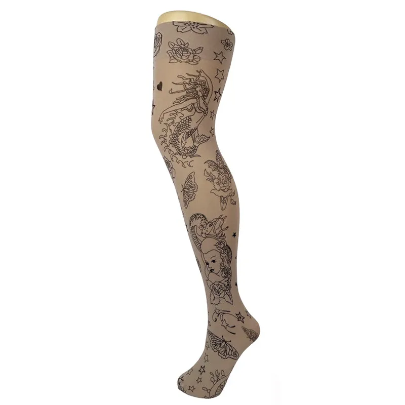 70 Denier Opaque Tattoo Print Over Knee Socks & Garter Set