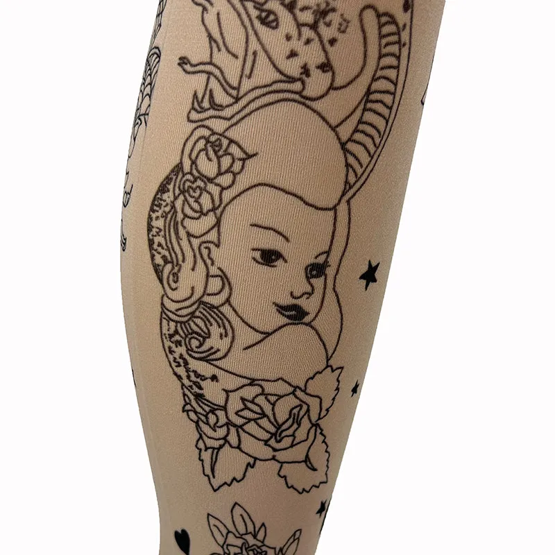 70 Denier Opaque Tattoo Print Over Knee Socks & Garter Set