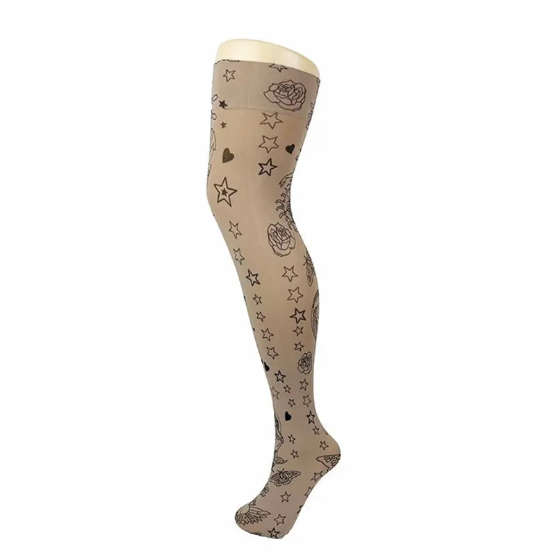 70 Denier Opaque Tattoo Print Over Knee Socks & Garter Set