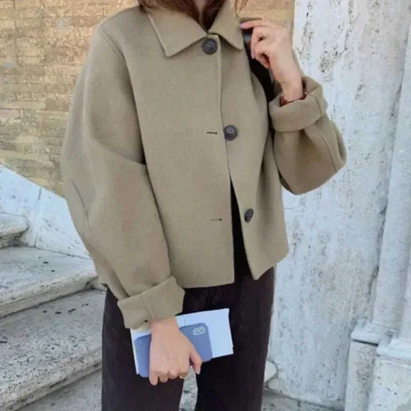 Aiertu Coat Women Wool Woolen Long Sleeve Overcoat Turn Down Collar Ladies Jacket Khaki Autumn Winter Short Woolen Top Korean