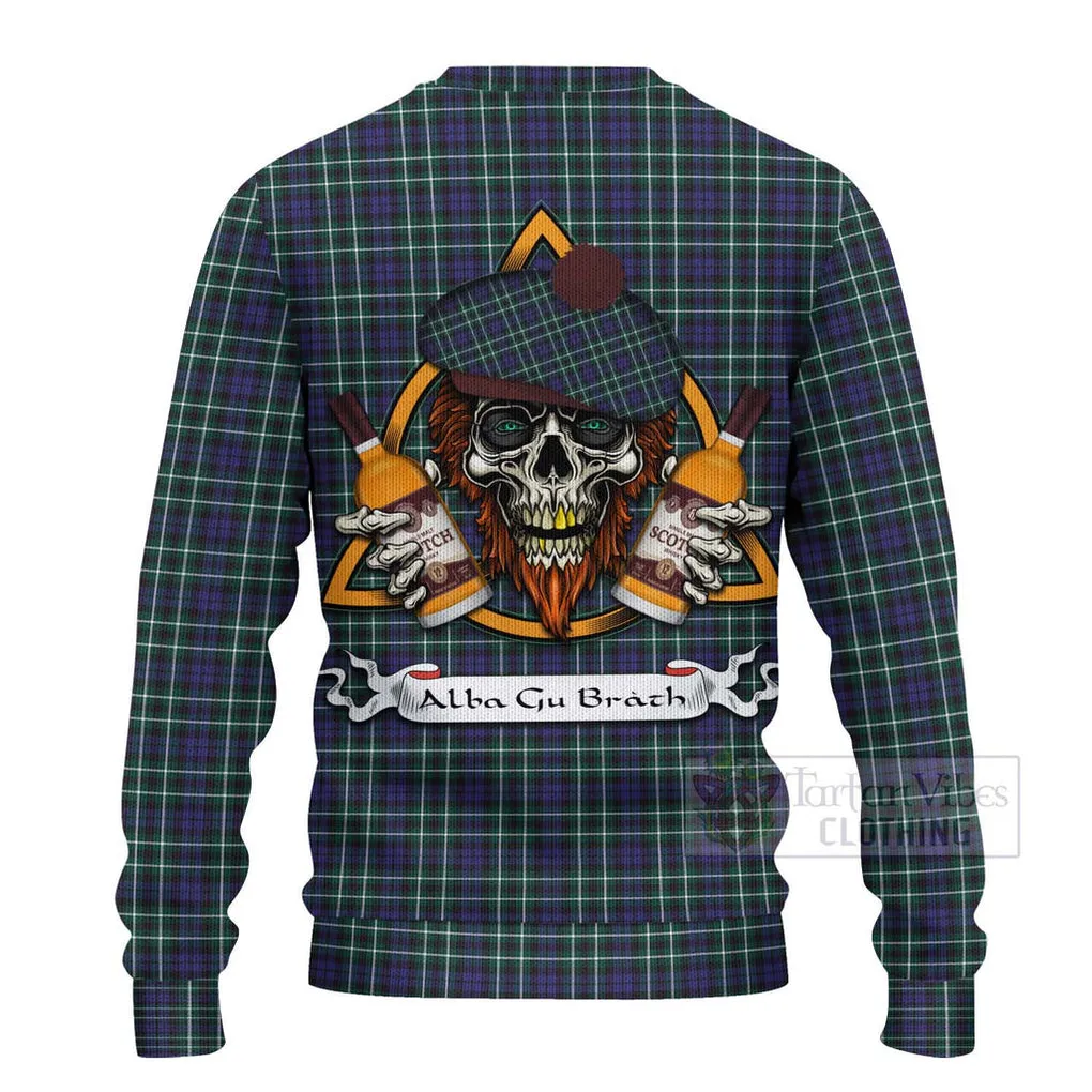 Allardice Tartan Ugly Sweater with Family Crest and Bearded Skull Holding Bottles of Whiskey