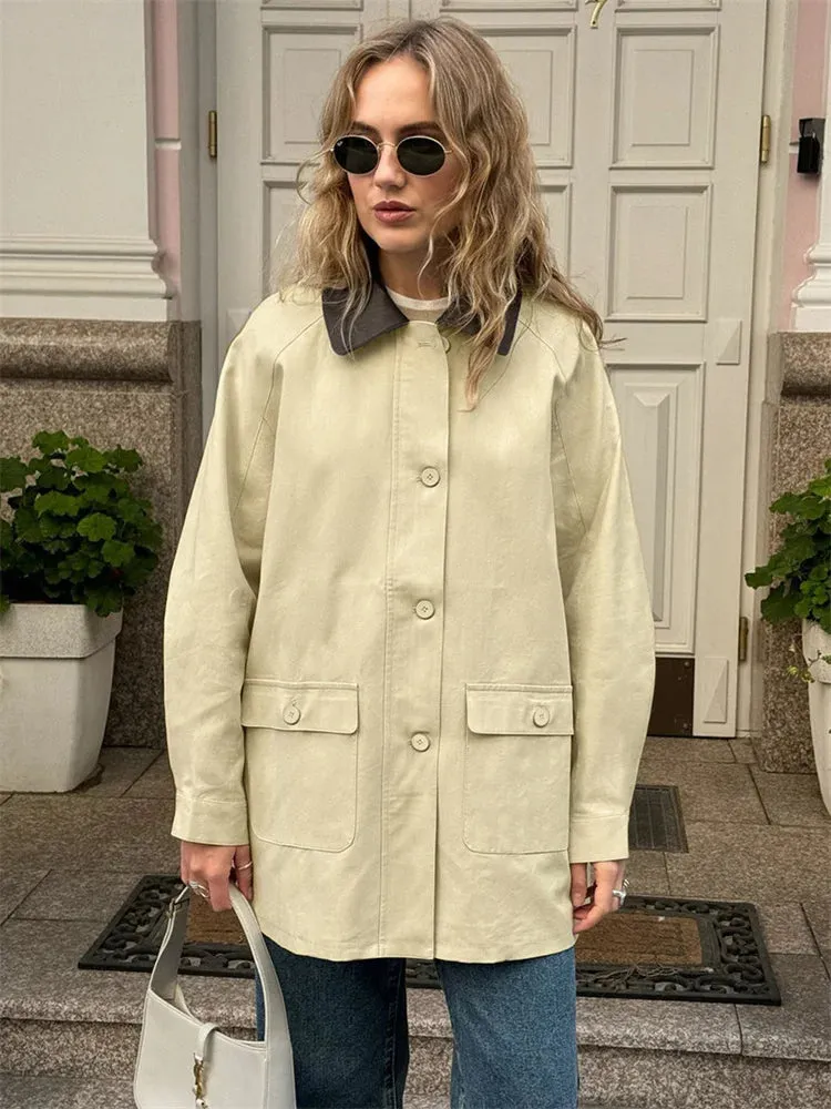 Amozae Fashion Pocket Trench Outwear For Women Patchwork Autumn Cardigan Vintage Lapel Loose High Waist Coat Women's Overcoat New