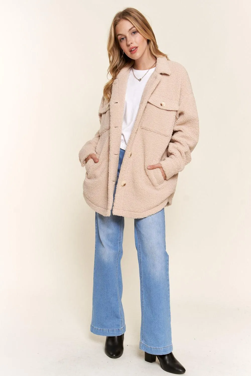 And The Why Shacket USA Stock Teddy Sherpa Button Down Curved Hem Coat