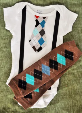 Baby Boy/Toddler Cake Smash set plaid argyle brown teal and blue tie bodysuit and suspenders with baby leg warmers. Baby Legs