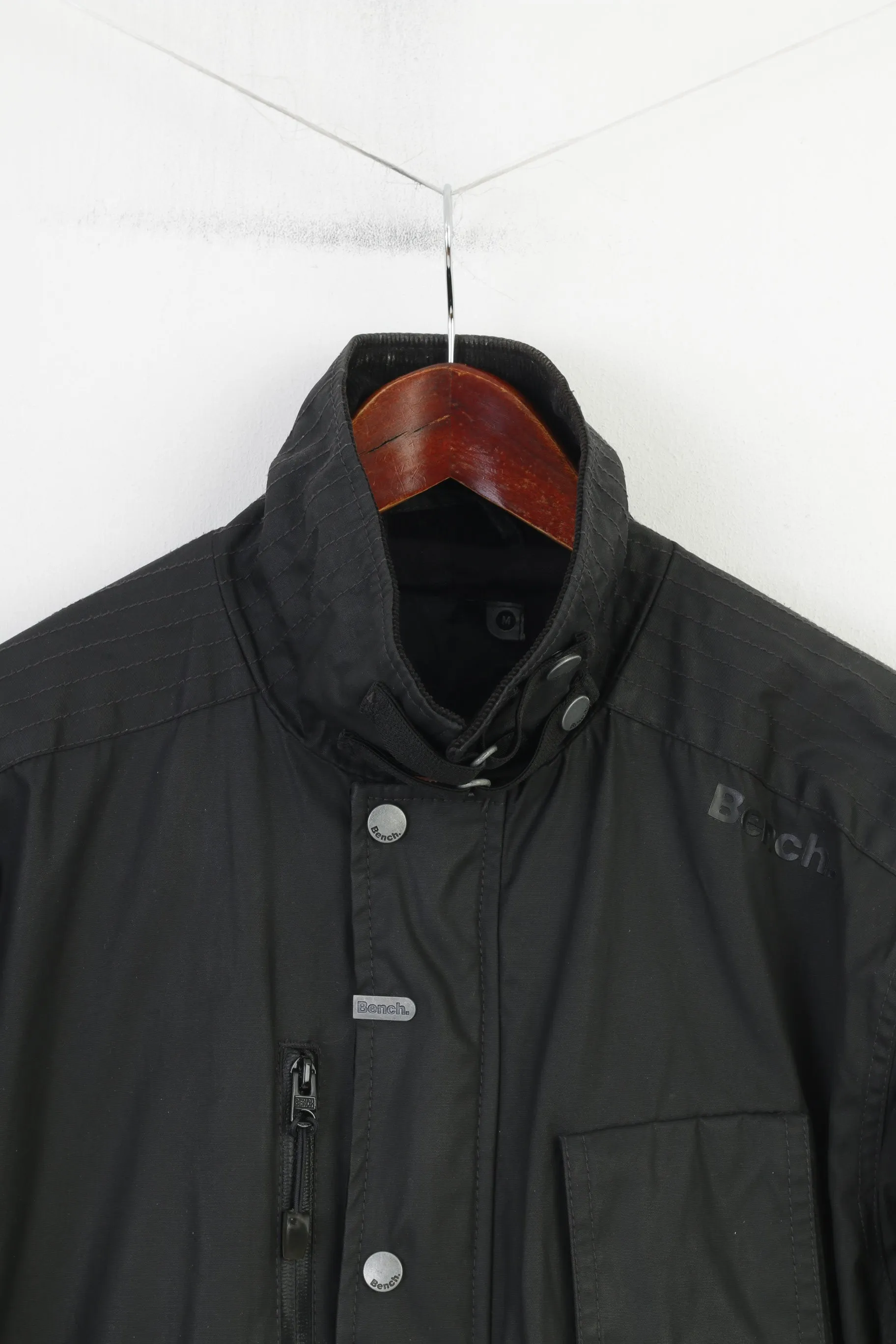 Bench Men M Jacket Black Cotton  Pockets Parka Full Zipper Collar Vintage Snap Bottoms Top