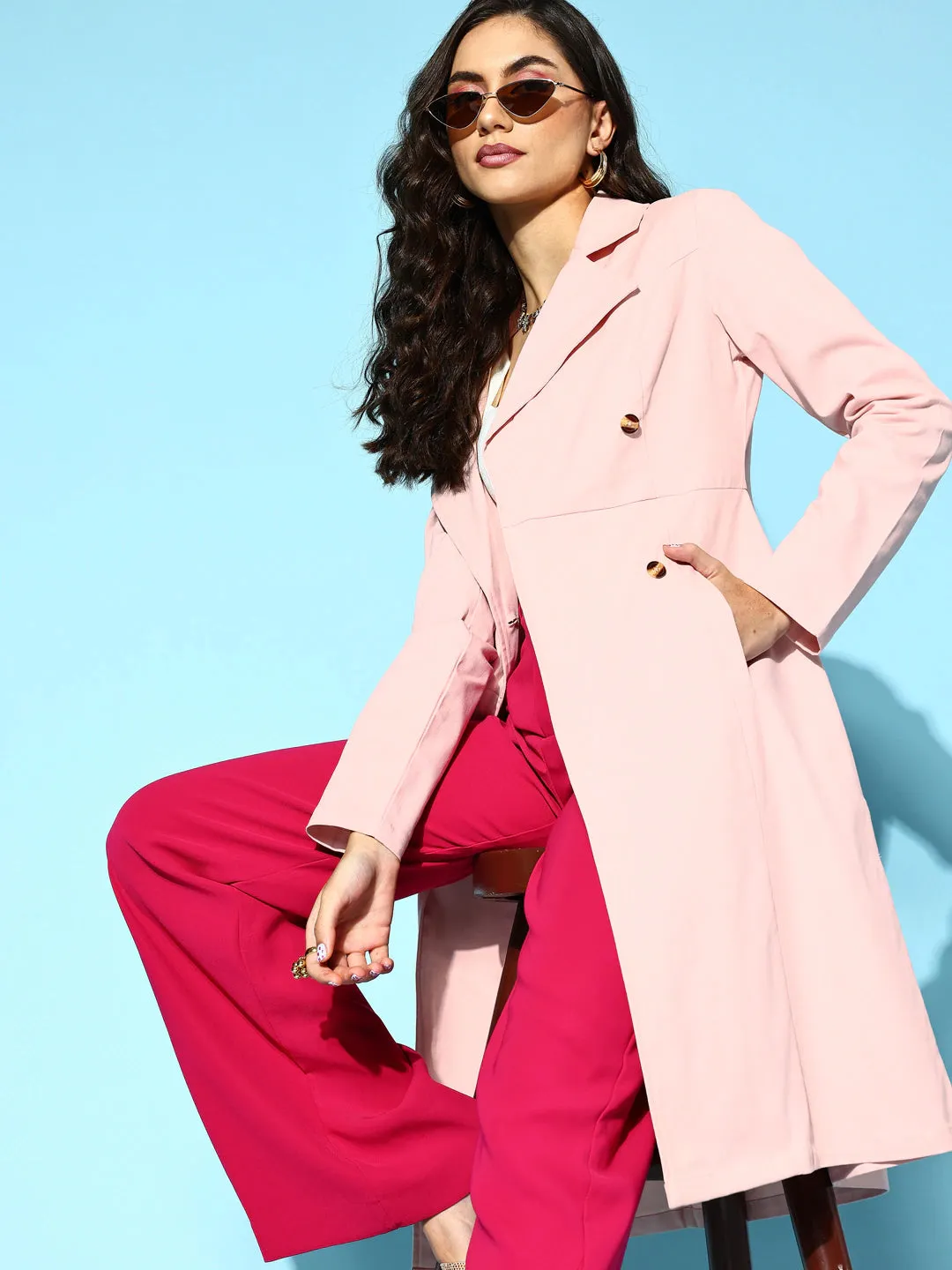 Berrylush Women Solid Pink Notched lapel Neck Double-Breasted Front Button-Up Cotton Longline Overcoat