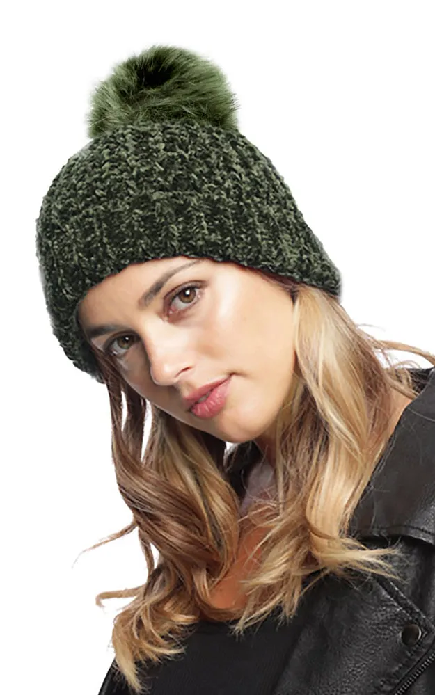 BHAT7386 Chenille Detachable Pom Pom Knit Hat