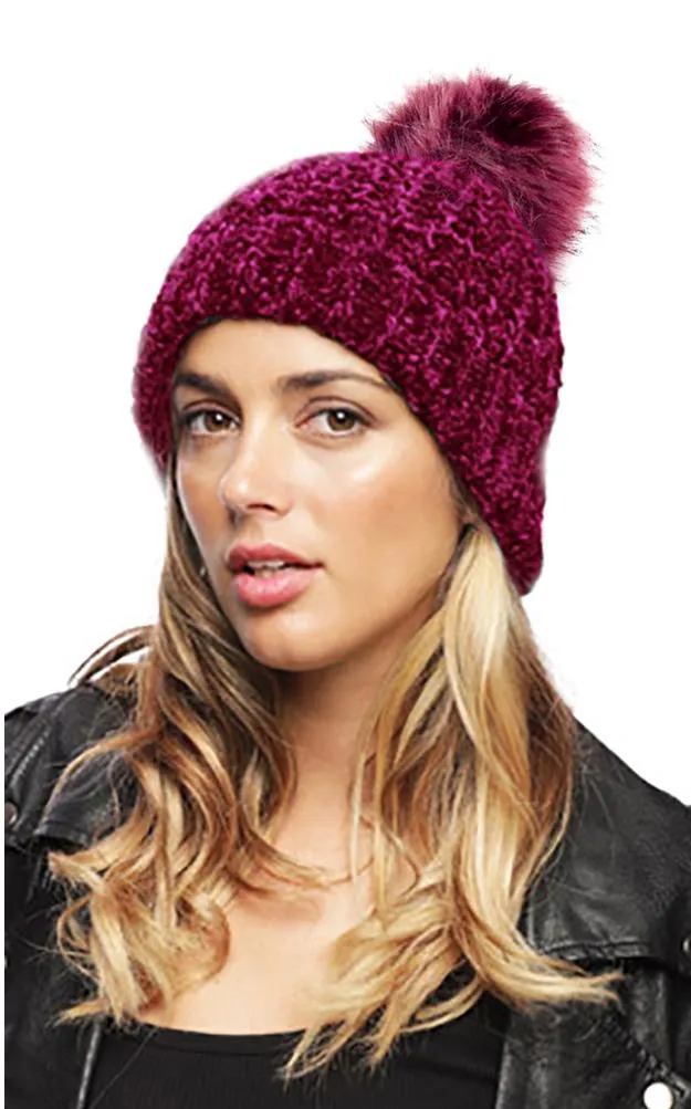 BHAT7386 Chenille Detachable Pom Pom Knit Hat