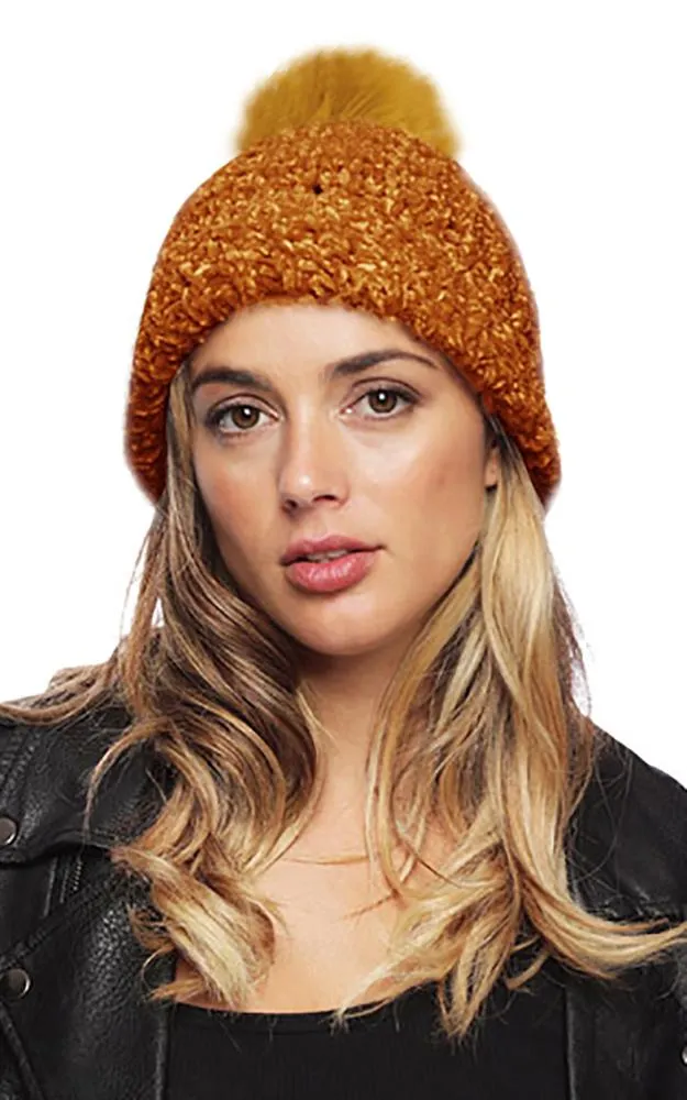 BHAT7386 Chenille Detachable Pom Pom Knit Hat