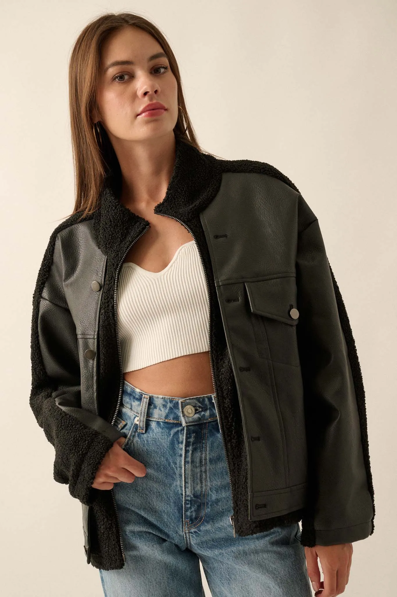 Big Rig Vegan Leather and Sherpa Trucker Jacket