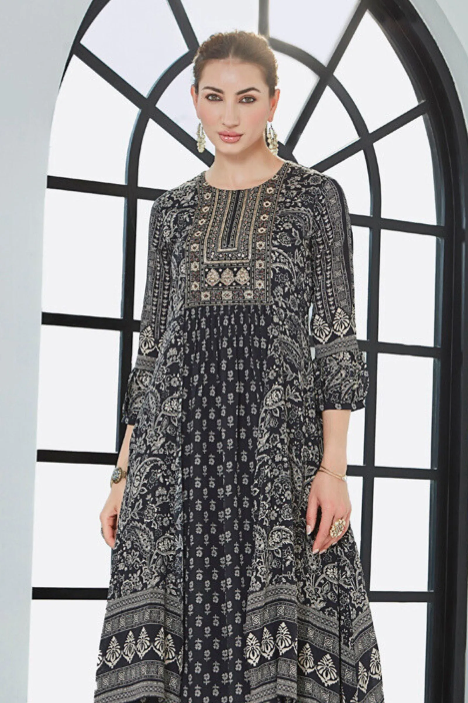 Black Beads, Sequins and Thread work with Digital Print Anarkali Styled Long Kurti