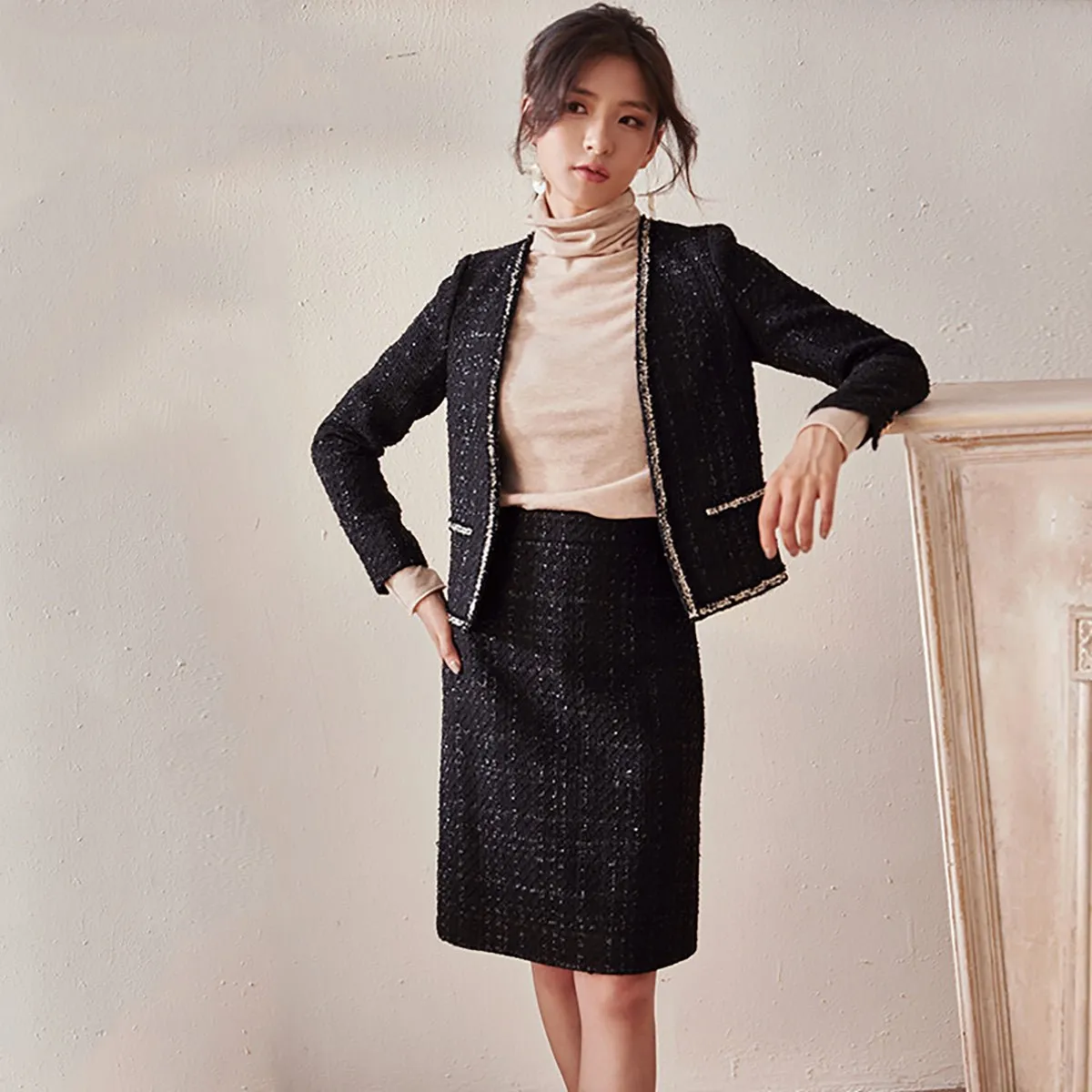 Black Dazzling Tweed Jacket and Skirt Set