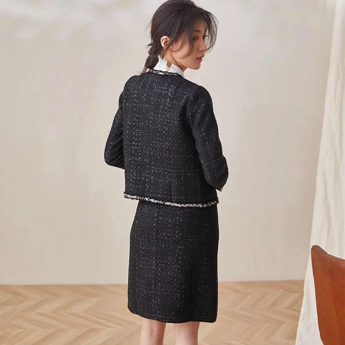 Black Dazzling Tweed Jacket and Skirt Set