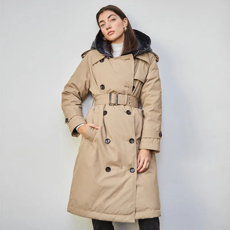 Black Friday Sales British Down Trench Coat Winter White Duck Down Jacket Women Hooded Long Thick Warm Jackets Puffer Feather Female Parka Mujer