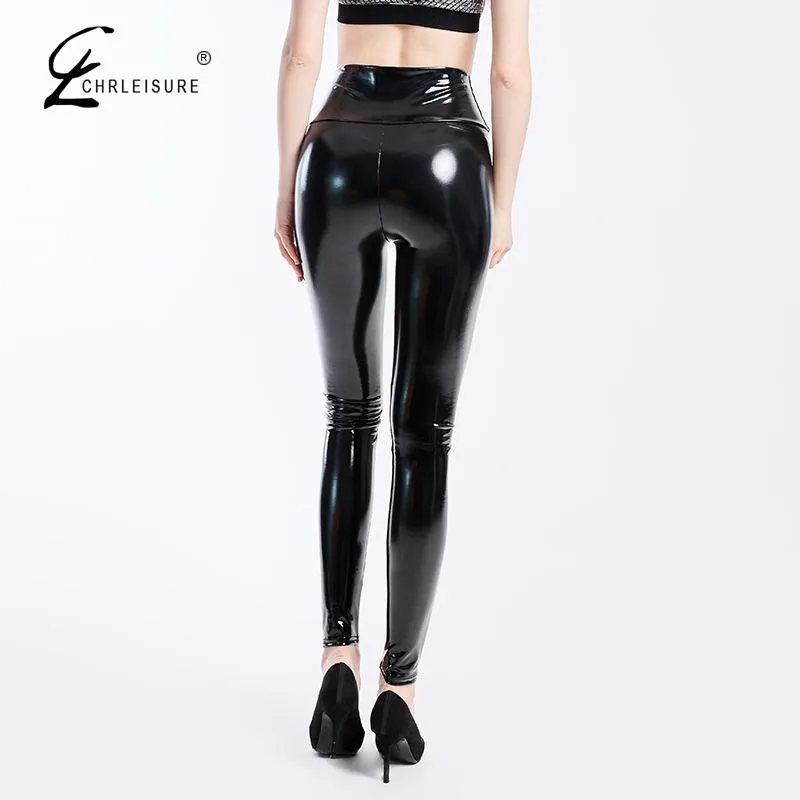 Black Glossy Pu Leather High Waist Leggings