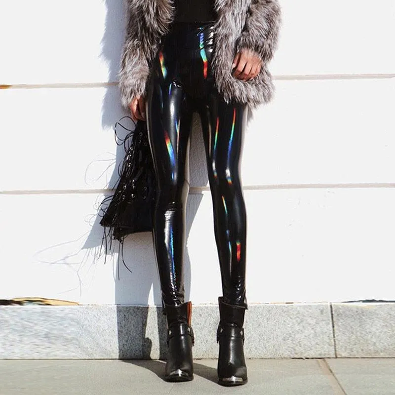 Black Glossy Pu Leather High Waist Leggings