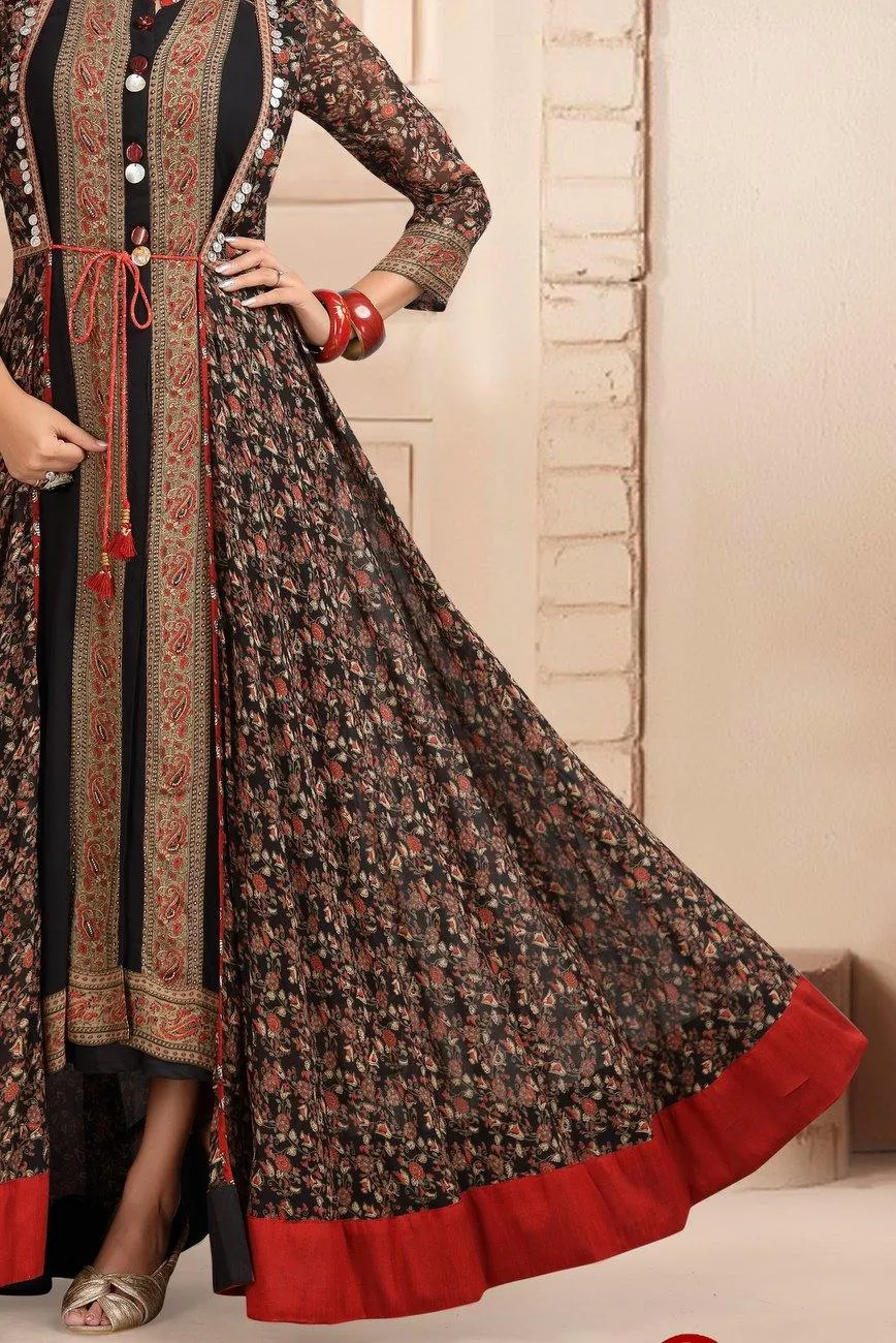 Black with Floral Print Overcoat Anarkali Styled Long Kurti