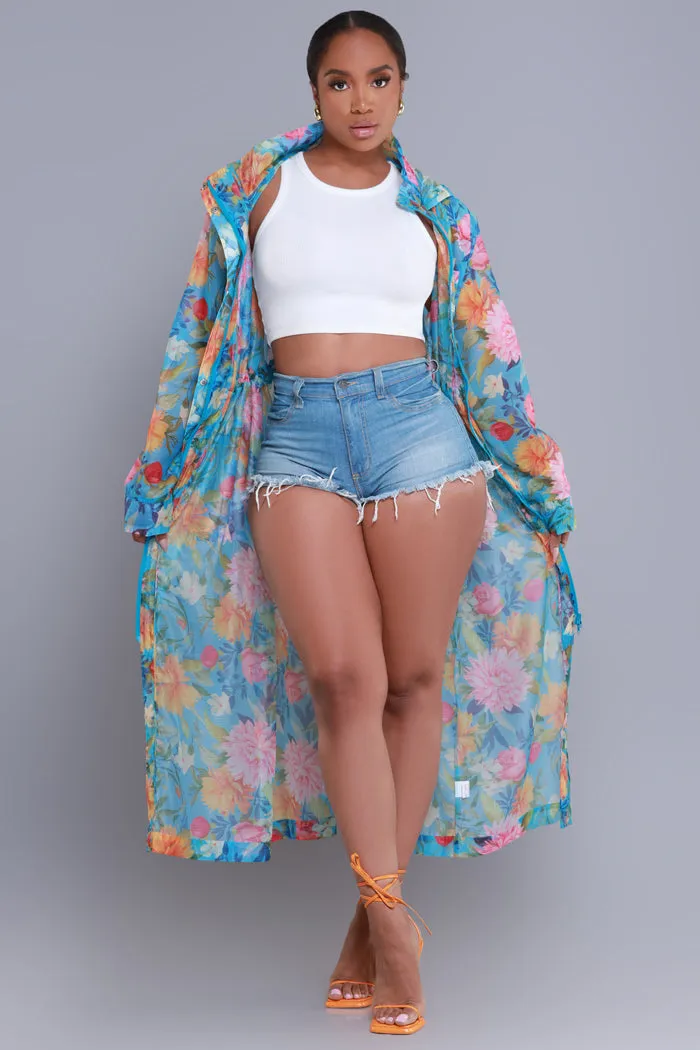 Blooming Hearts Oversized Floral Hooded Longline Jacket - Blue Multicolor