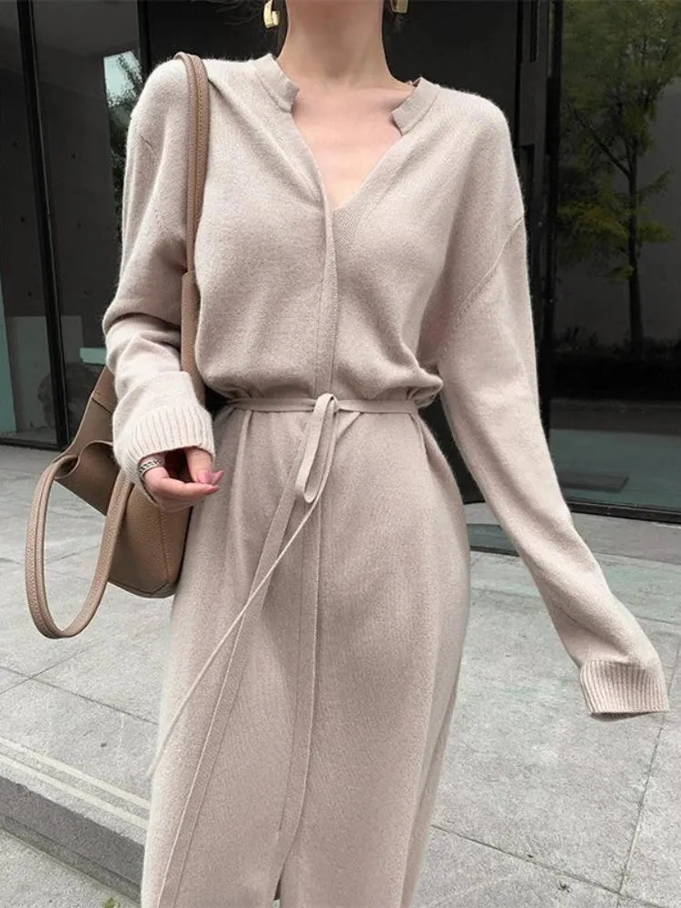 Bonnyshow Sweater Dress for Women Autumn Winter Mid Length Underlay Outwear Over Knee Drawstring Waist Elegant Knit Dress Women's Clothing