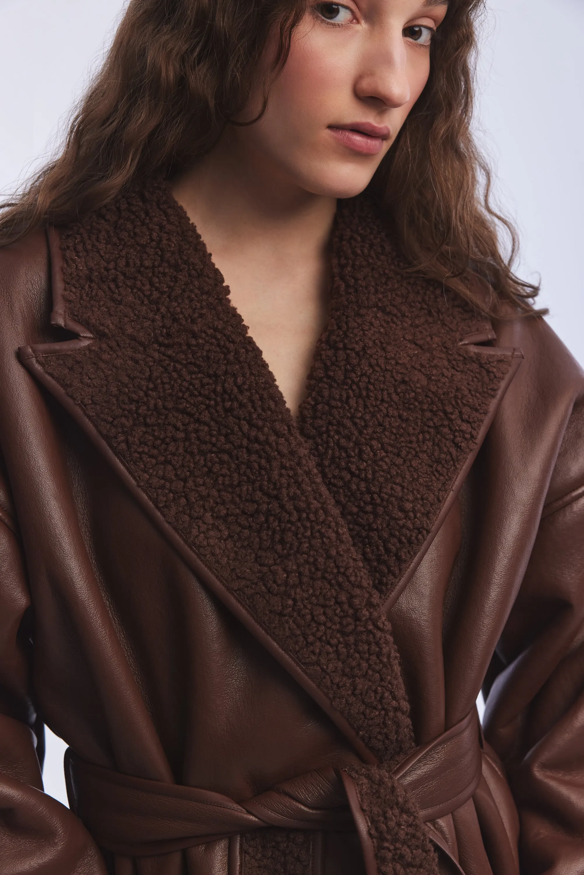 BROWN VEGAN LEATHER TEDDY DETAILED COAT WITH TIE DETAIL