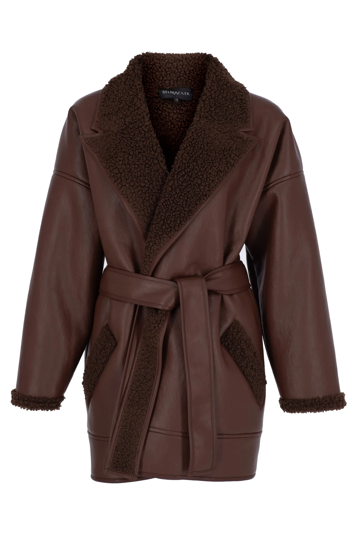 BROWN VEGAN LEATHER TEDDY DETAILED COAT WITH TIE DETAIL