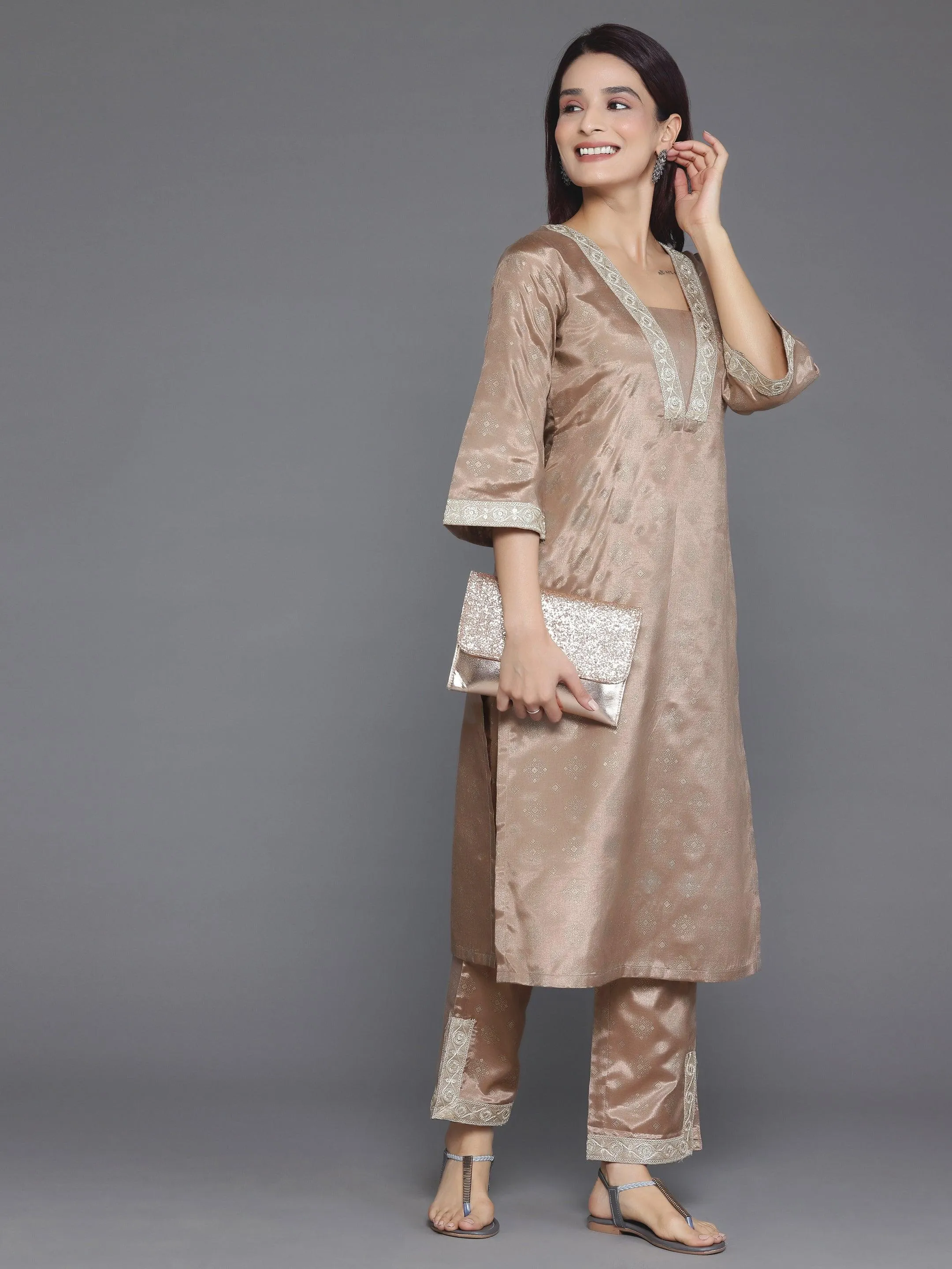 Brown Woven Design Silk Blend Straight Kurta Set