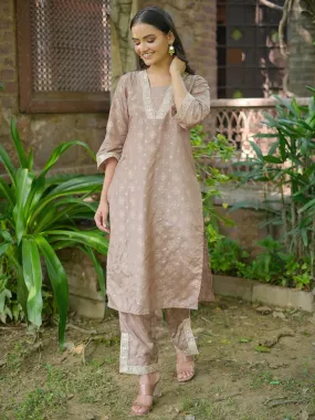 Brown Woven Design Silk Blend Straight Kurta Set