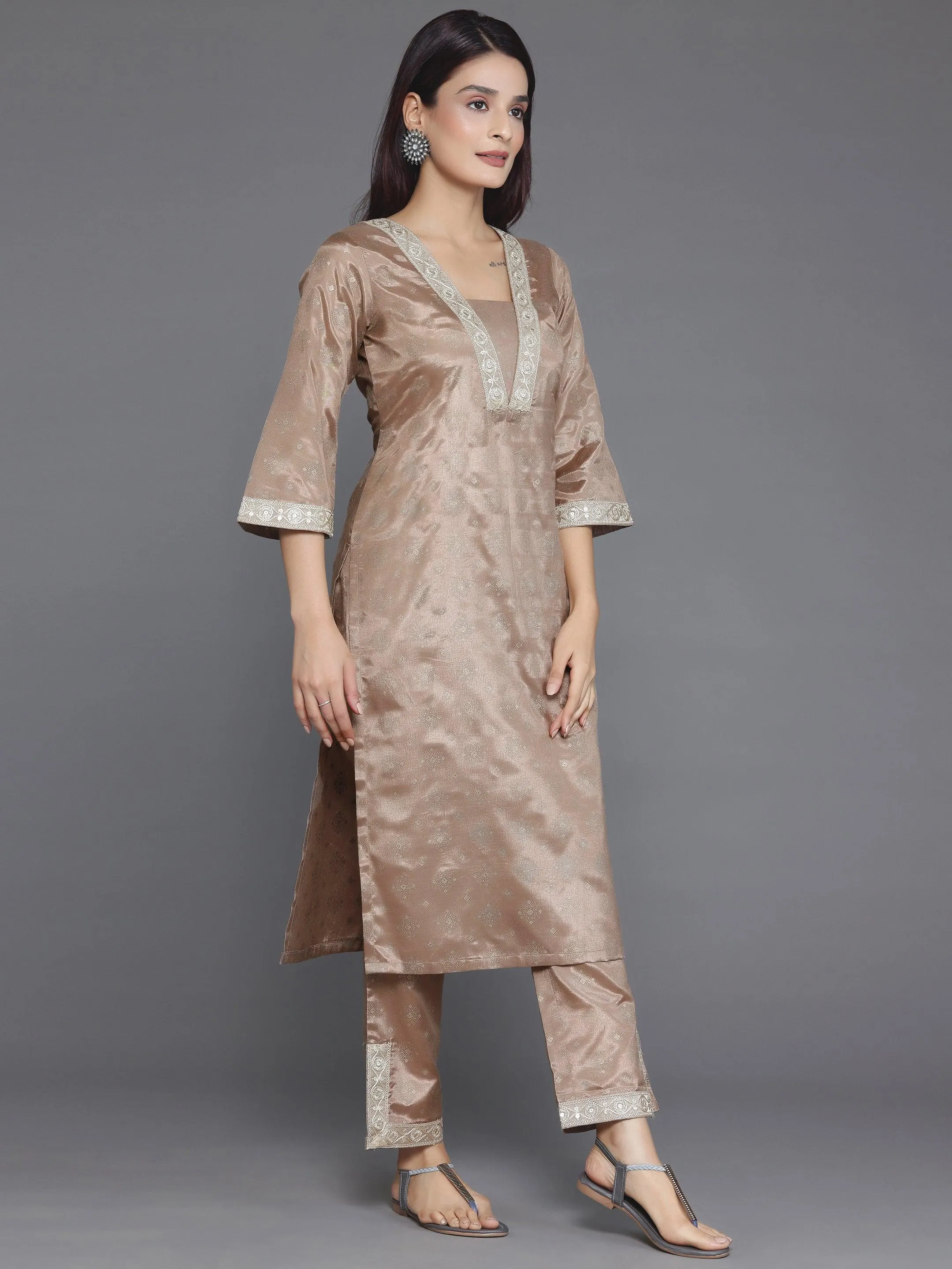 Brown Woven Design Silk Blend Straight Kurta Set