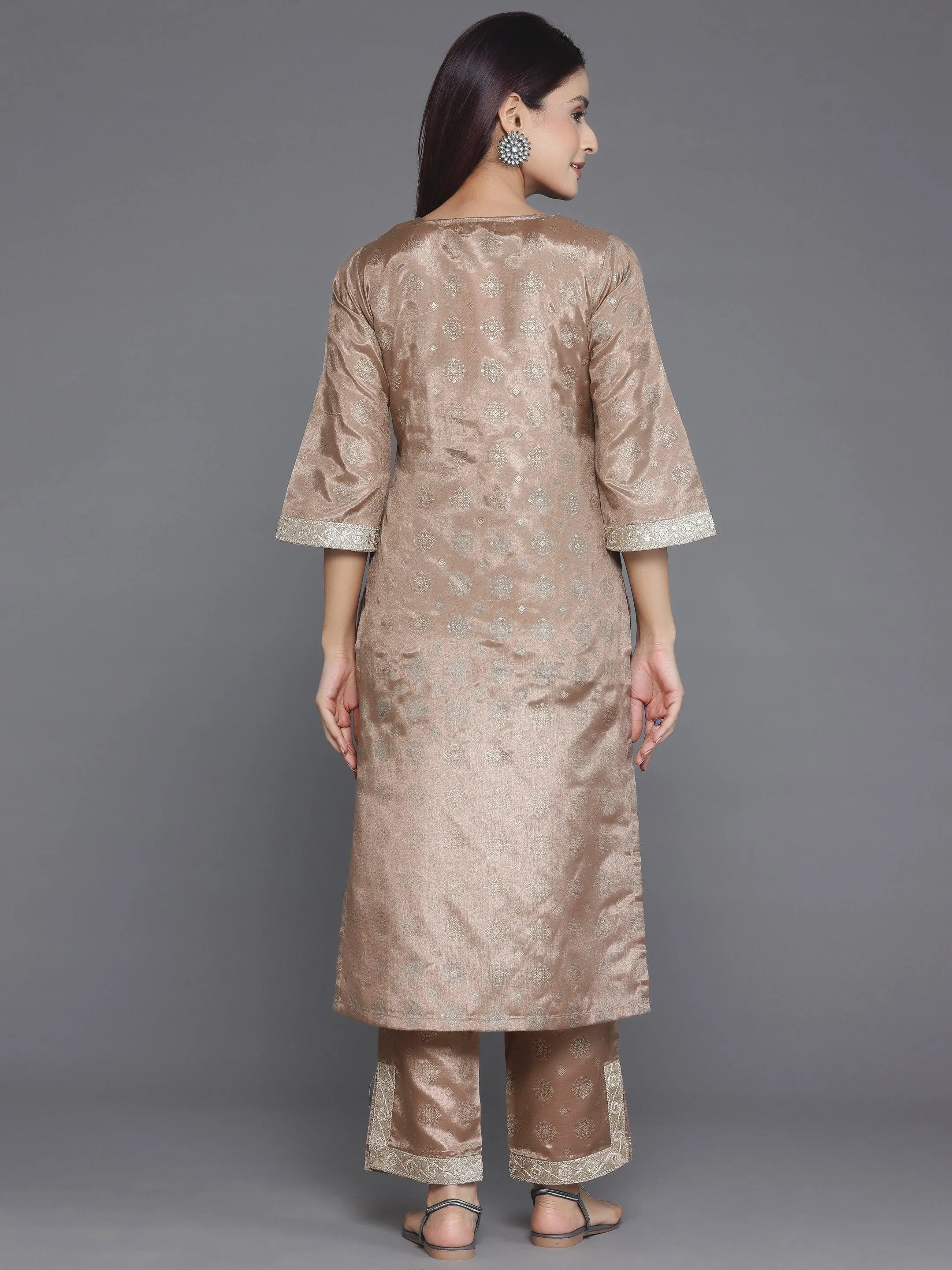 Brown Woven Design Silk Blend Straight Kurta Set