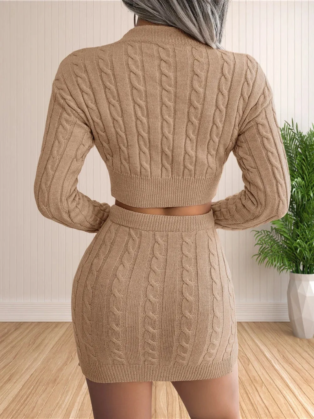 Cable knit round collar cotton sweater and skirt matching set