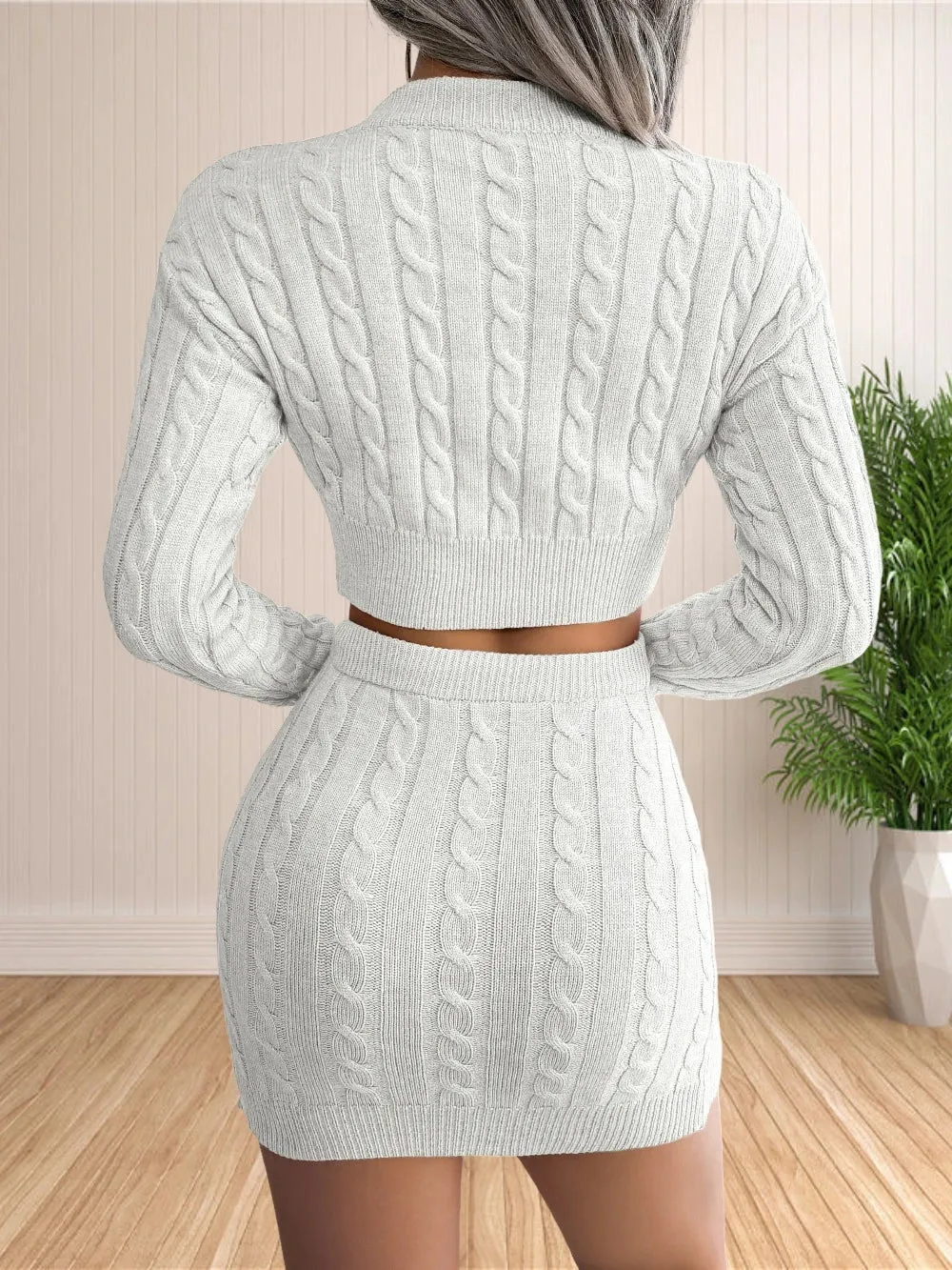 Cable knit round collar cotton sweater and skirt matching set