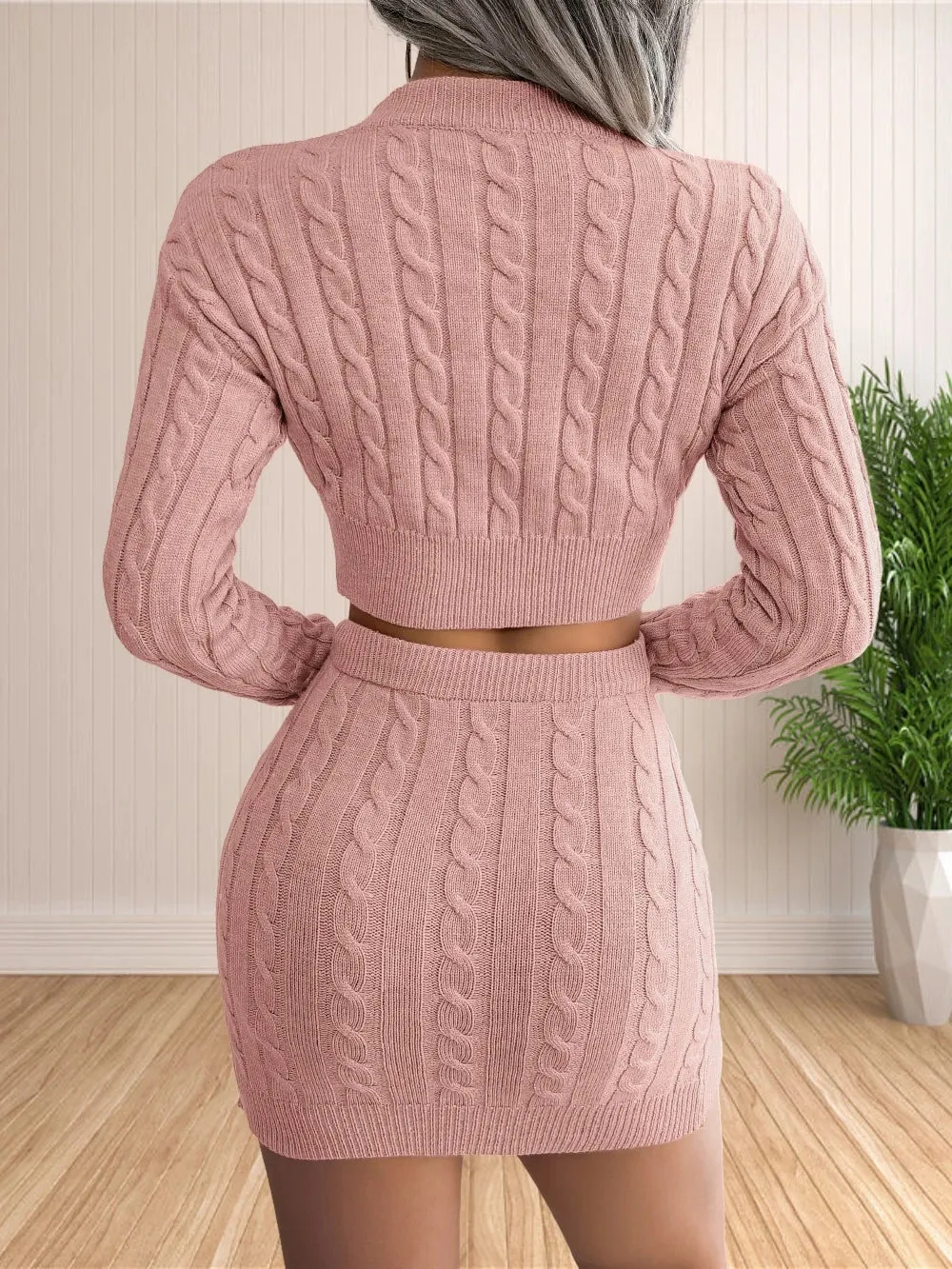 Cable knit round collar cotton sweater and skirt matching set