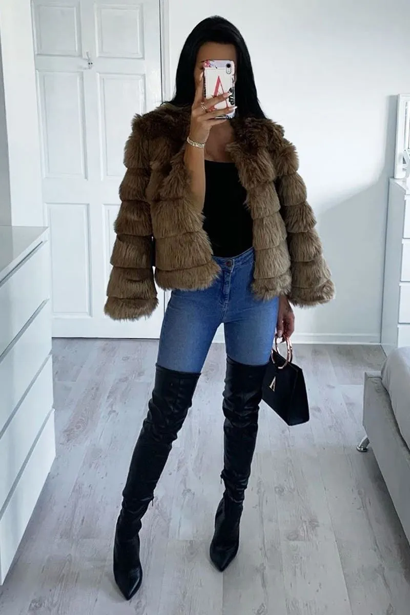 Camel Faux Fur Jacket - Estelle