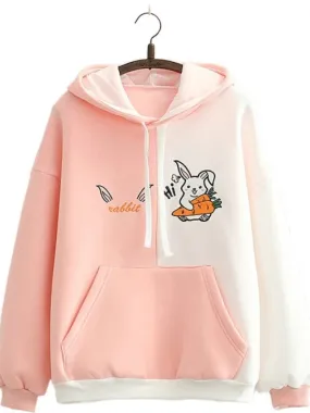 Cartoon Rabbit Embroidery Patchwork Women Hooded Sweatshirts 2023 Autumn Long Sleeve Pocket Kawaii Cute Hoodies Sweet Pullover