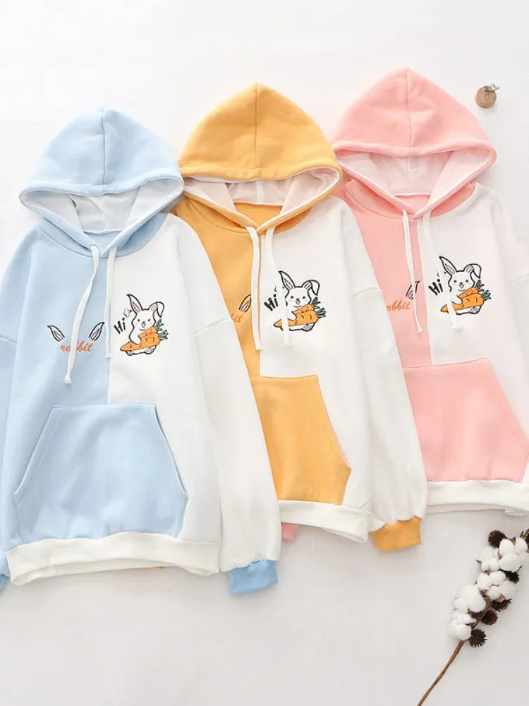 Cartoon Rabbit Embroidery Patchwork Women Hooded Sweatshirts 2023 Autumn Long Sleeve Pocket Kawaii Cute Hoodies Sweet Pullover