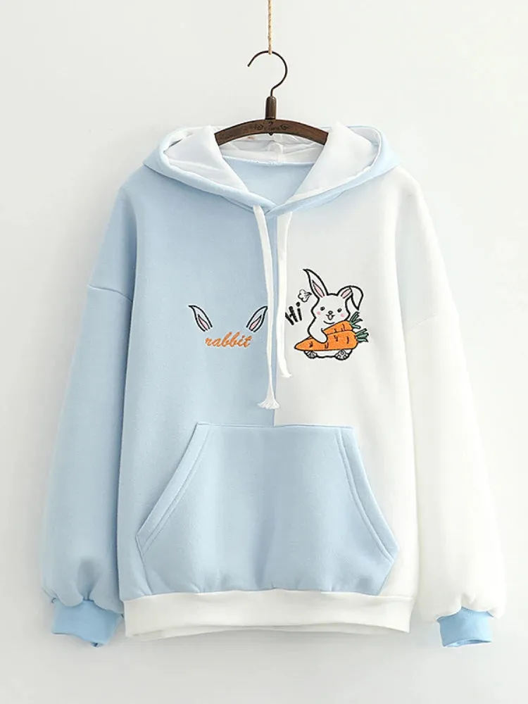 Cartoon Rabbit Embroidery Patchwork Women Hooded Sweatshirts 2023 Autumn Long Sleeve Pocket Kawaii Cute Hoodies Sweet Pullover