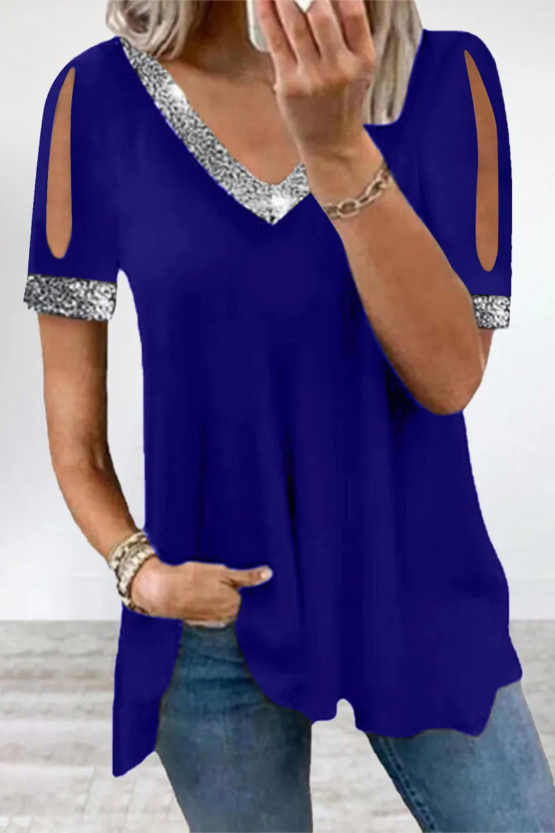 Casual Solid Sequins V Neck T-Shirts