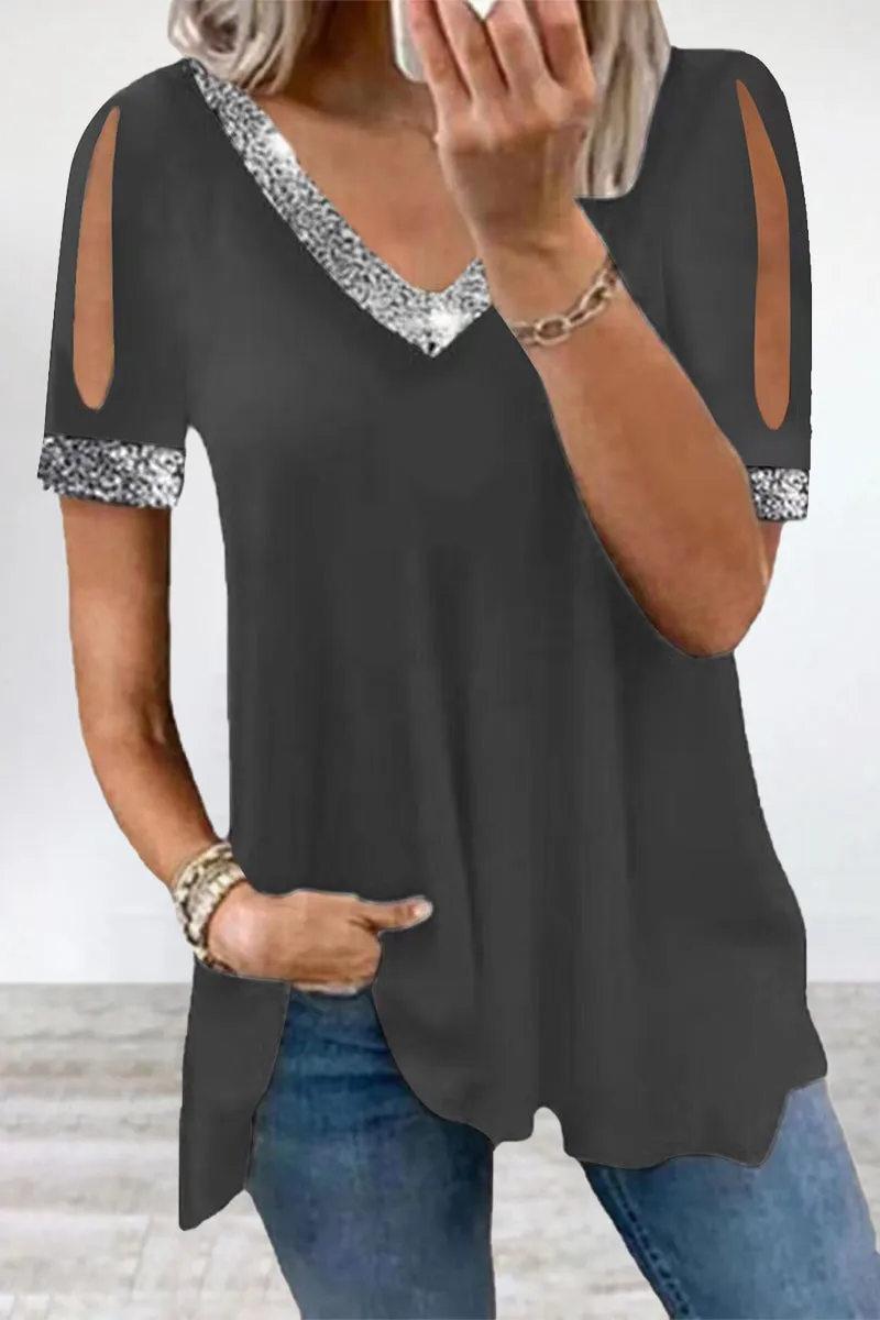 Casual Solid Sequins V Neck T-Shirts