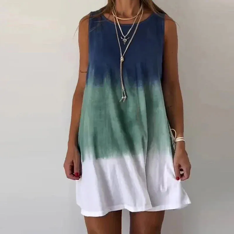 Casual Tie Dye Printed O Loose Summer High Dress