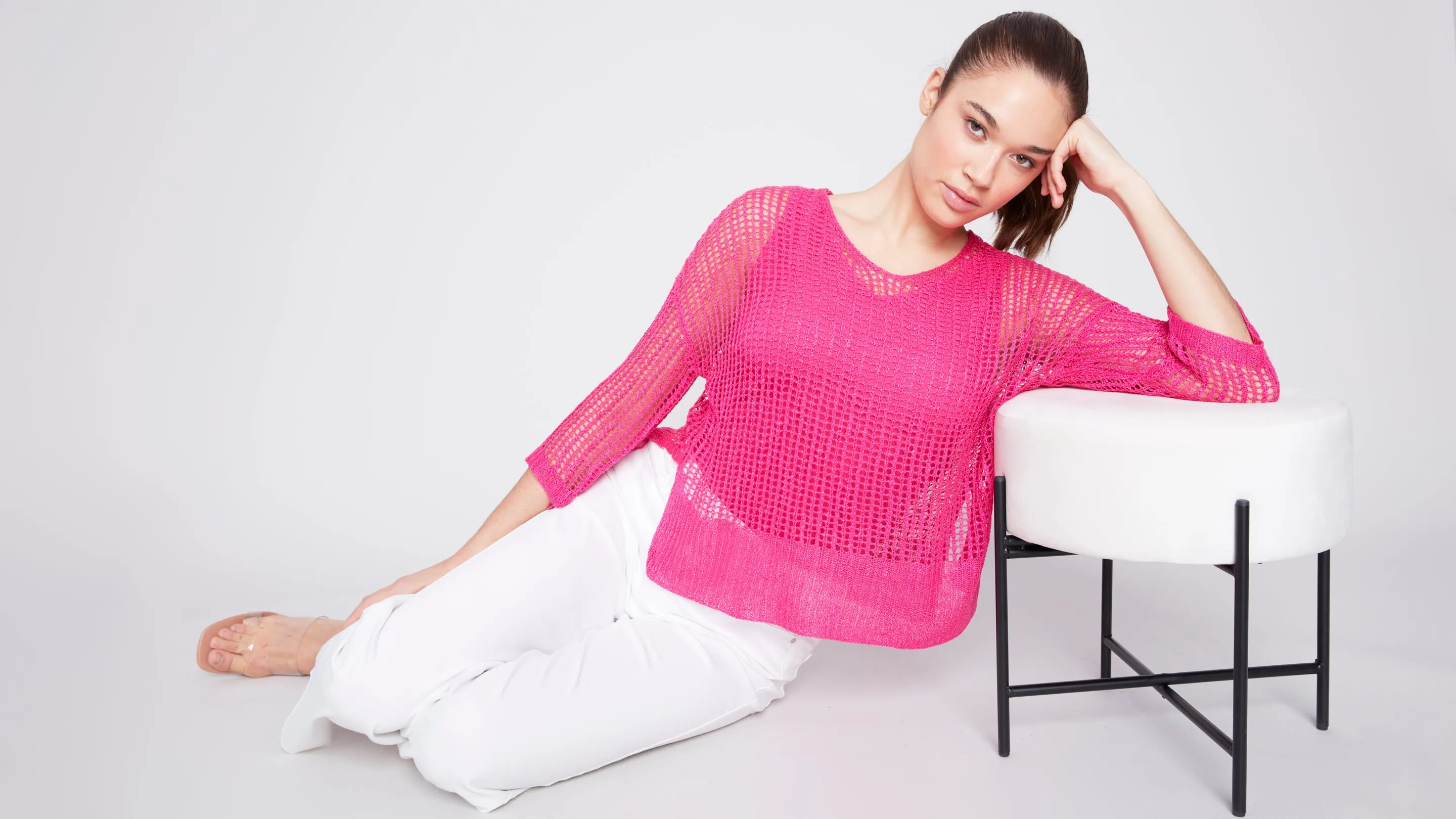 Charlie B Fishnet Crochet V-Neck Sweater