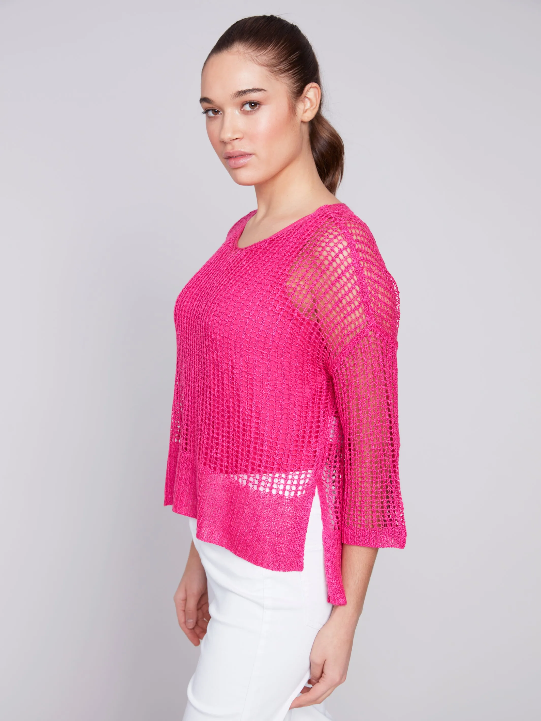 Charlie B Fishnet Crochet V-Neck Sweater