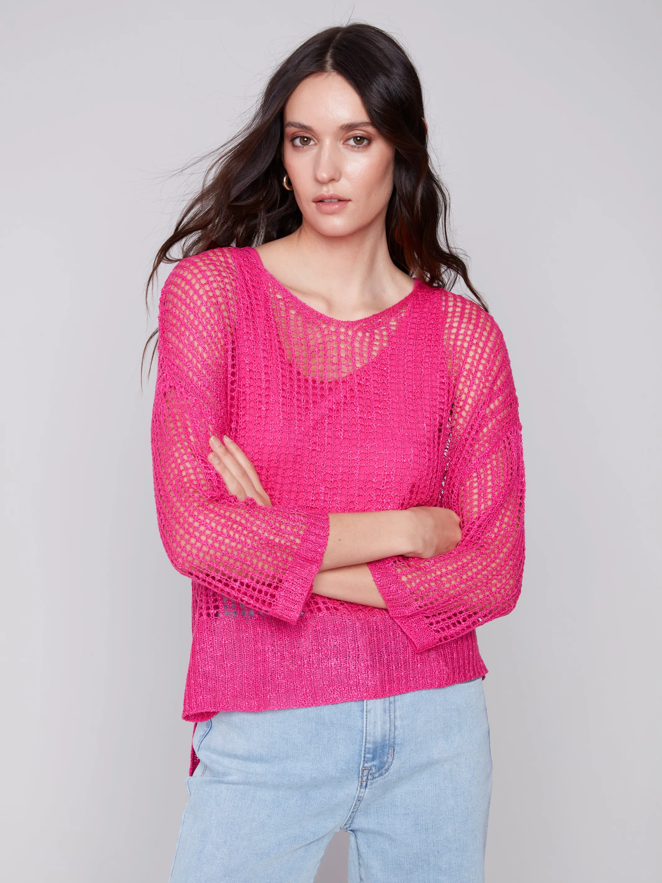 Charlie B Fishnet Crochet V-Neck Sweater