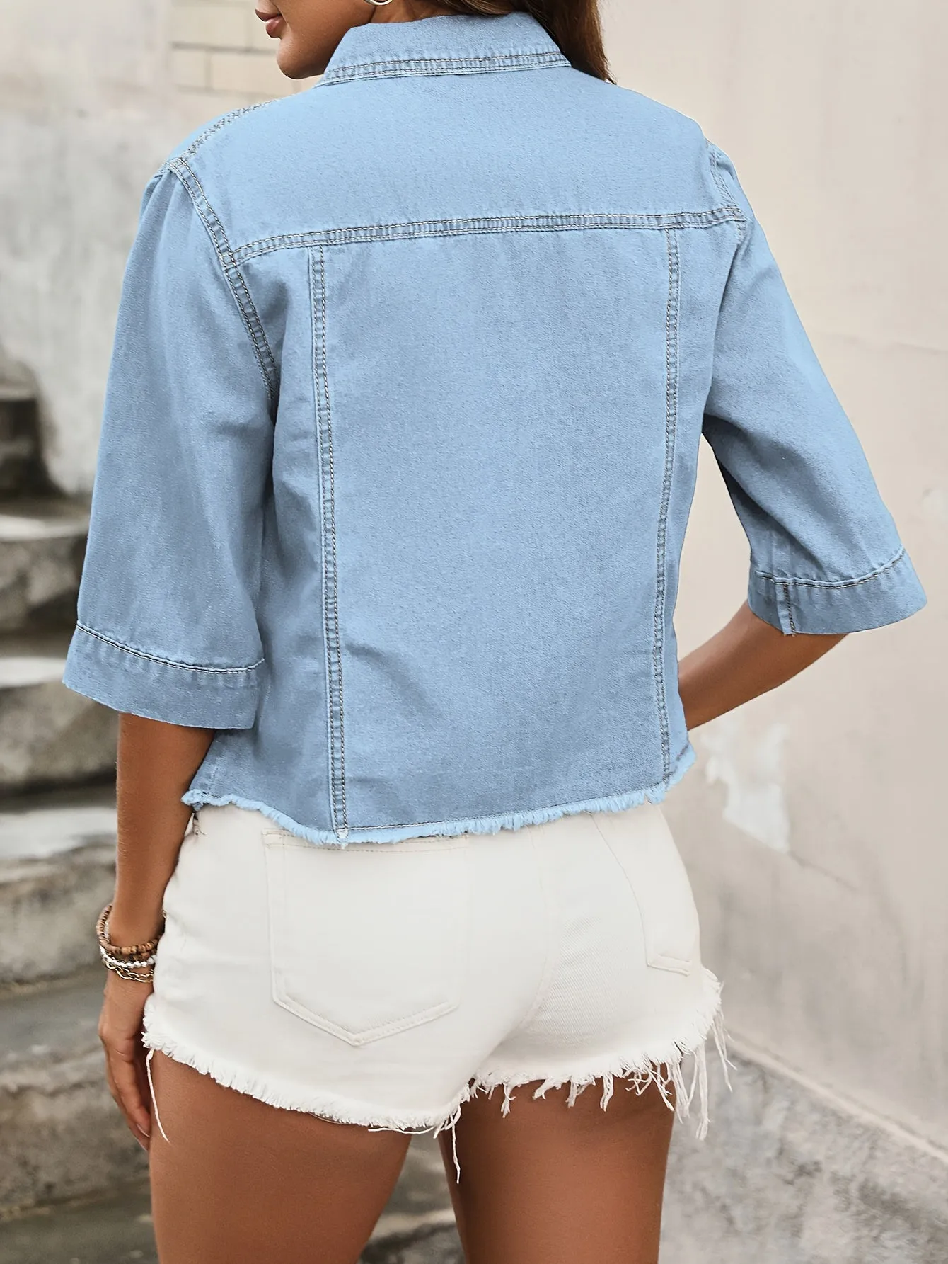 Chic Frayed Hem Denim Jacket - Half-Sleeve, Flap Pockets - Trendy Casual Streetwear