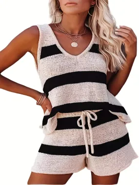 Chic Summer Two-Piece Set - Vibrant Color Block V Neck Tank Top & Stylish Tie-Front Shorts - Perfect for Casual Outings, Breathable Women's Ensemble