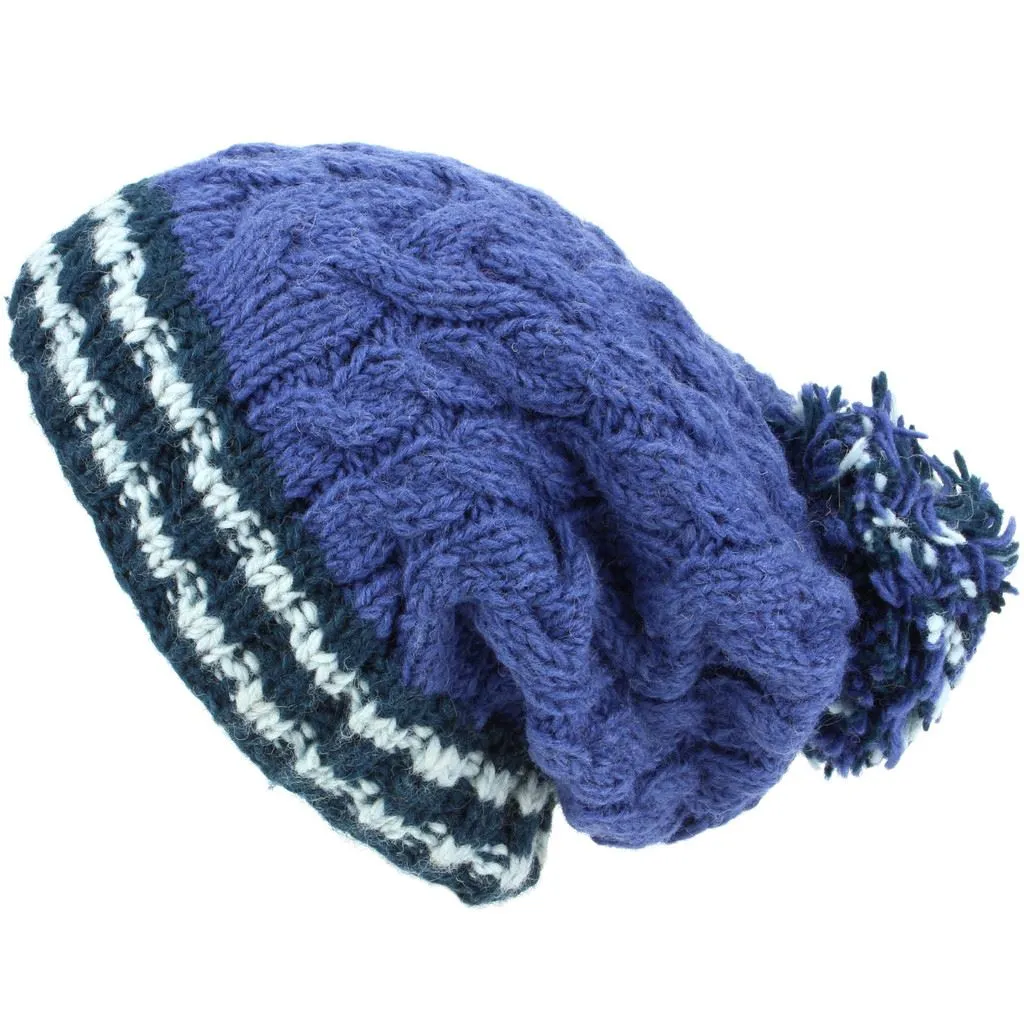 Chunky Wool Cable Knit Big Baggy Slouch Beanie Bobble Hat with Striped Brim - Blue